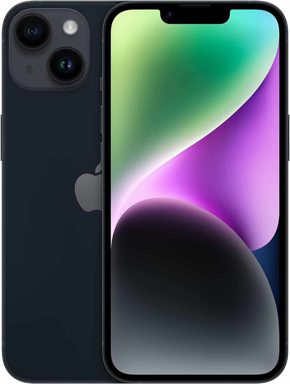 iPhone 14 Midnight Renewed lying on wooden table